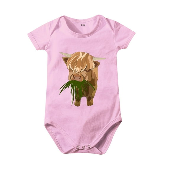 AOMPMSDX Girls Bodysuits Summer Solid Color Cartoon Print Of Bull Head Short Sleeved T Shirt Boys And Girls Crawl Clothes 0 To 24 Months Kids Pink 18 Months-24 Months