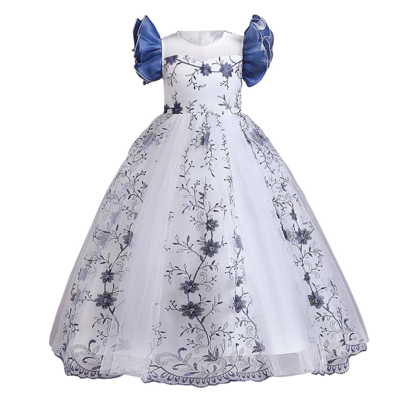 AOMPMSDX Girls Dresses Kids Dresses For Girls Birthday Long Elegant Flying Sleeve Mesh Princess Flower Girl Dresses Wedding Kids 13 Years-14 Years