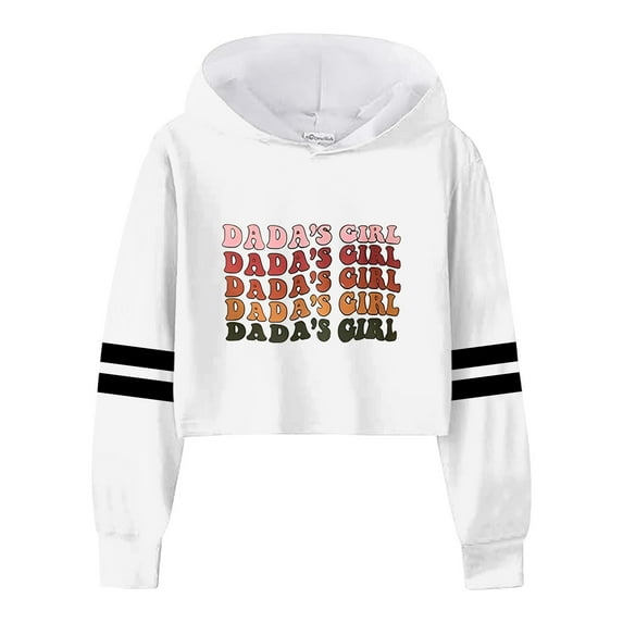 AOMPMSDX Girls Sweatshirt Girls Kids Casual Loose Active Full Sleeves Hoodies Sweatshirts Hooded Short Pullover Letter Print Striped Teen Crop Tops Girls Tops White 140(10 Years-12 Years)