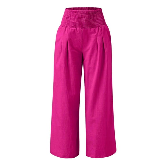 AOMPMSDX High Waist Wide Leg Palazzo Pants For Women Smocked Elastic Waist Loose Comfy Casual Pajama Pants Pockets Hot Pink L