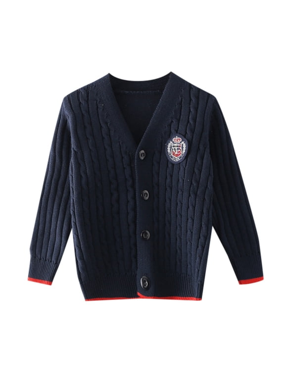 Kids Boy Girl School Uniform Cardigan Sweaters V Neck Basic Solid Button Knitted Cardigan Size 9-10 Y