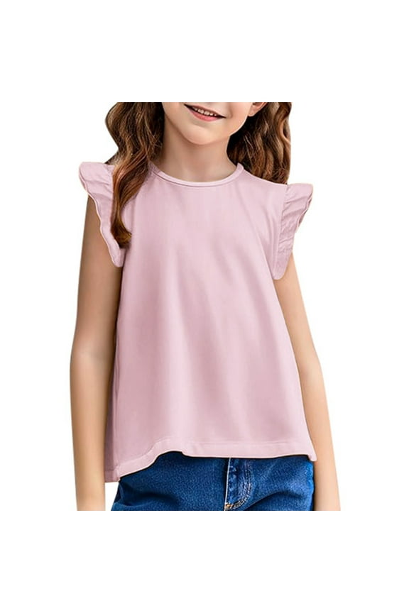 Kids Girls Basic Ruffle Sleeve Cute T Shirt Tunic Tank Tops Crewneck Blouse Pink 3 Years-4 Years