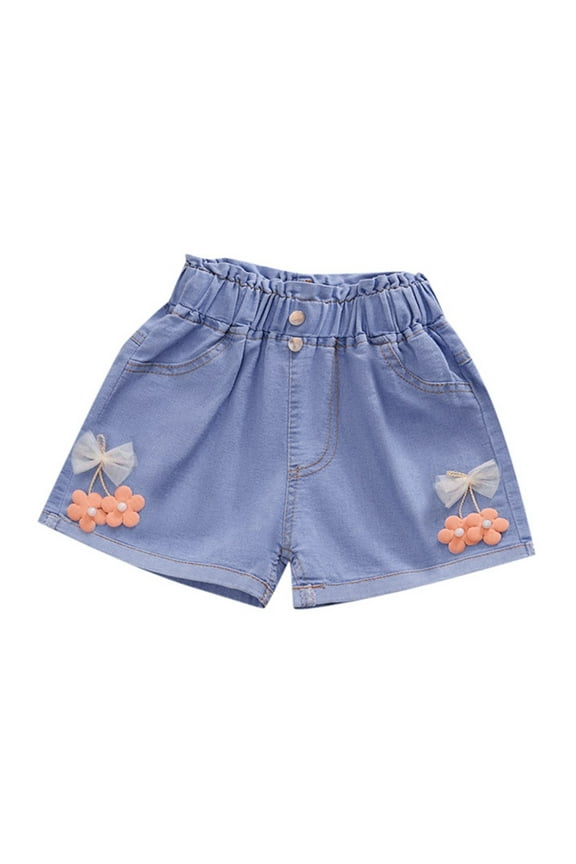 Kids Girls Summer Denim Shorts Elastic Waistband Flower Embroidery Jeans Spring Summer Homewear Outwear For Kids Orange 3 Years-4 Years