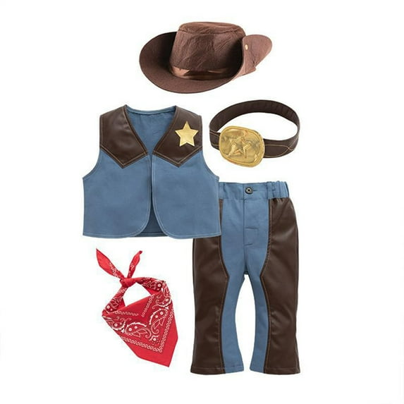 AOMPMSDX Kids Toddler Baby Boys Sleeveless Western Cowboy For Kids Children Vest Hat Scarf Pants Belt 5Pcs Set Party Blue 18 Months-24 Months