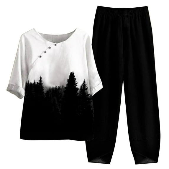 AOMPMSDX Ladies Five Sleeve Printed Blouse Pants Two Piece Suit Black L