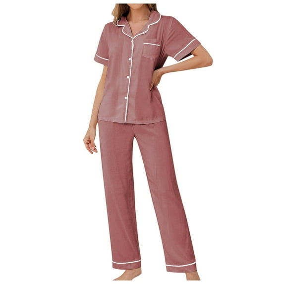 AOMPMSDX Ladies Pajamas Solid Color Short Sleeved Trousers Home Service Two Piece Suit Home Pants Sets Women's Leisure Trousers Suit Pink L