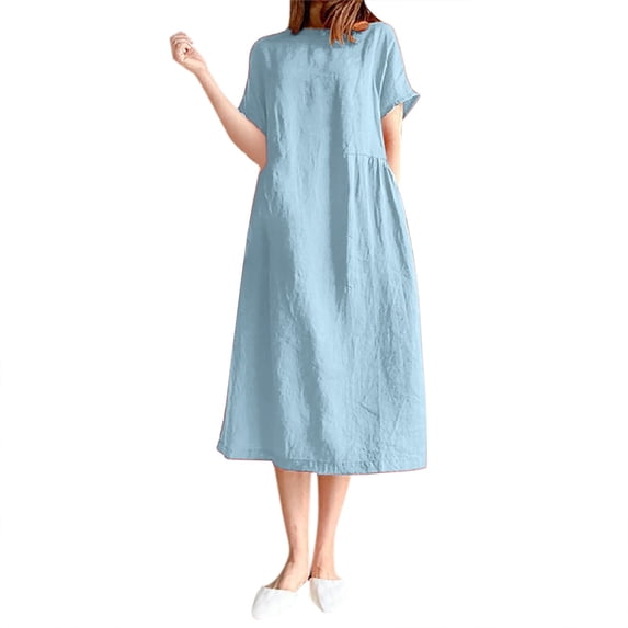 AOMPMSDX Ladies Round Neck Short Sleeve Solid Color Loose Slim Mid Length Dress Blue M