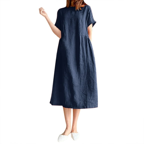 AOMPMSDX Ladies Round Neck Short Sleeve Solid Color Loose Slim Mid Length Dress Navy M