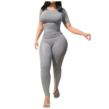 AOMPMSDX Ladies Solid Color Slim Short Sleeve High Waist Tight Pants Casual Suit Home Pants Sets Women's Leisure Trousers Suit Grey L