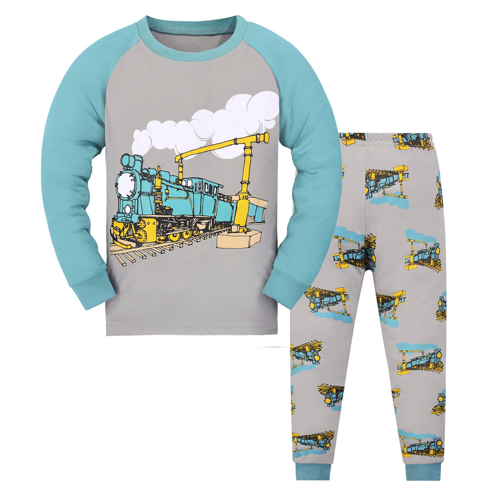 AOMPMSDX Little Boys Pajamas Dinosaur Cotton 2 Piece Train Toddler Sleepwear Fall Winter Clothes Set Dark Gray 5 Years 6 Years