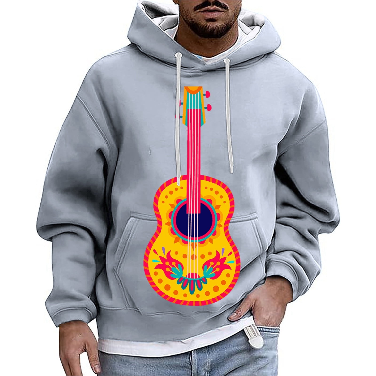 AOMPMSDX Men'S Hoody Male Leisure Style Carnival Guitar Print Pullover