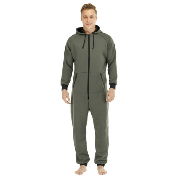 AOMPMSDX Mens Pajama Sets Long Sleeve Printed Jumpsuit Zipper Hood Pyjamas Nightwear With Pockets Casual Sleepwear Set Cozy Nightwear Set Green Nightgowns For Men M