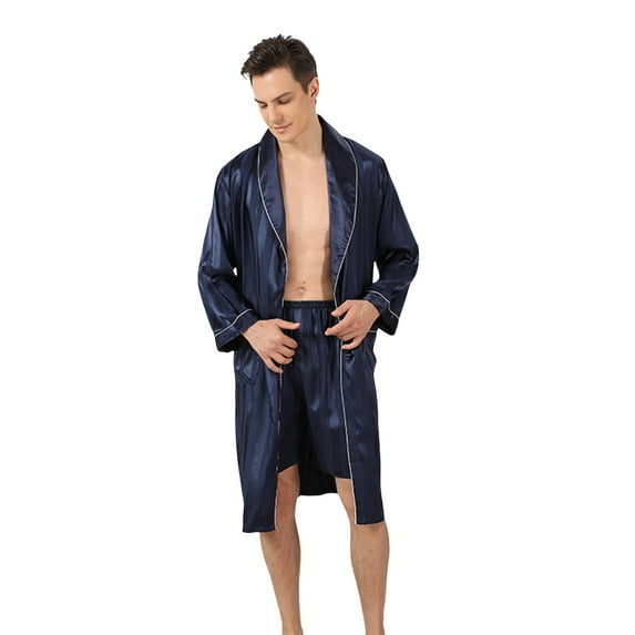 AOMPMSDX Mens Pajama Sets Male Robe Satin Bathrobe With Shorts Set Wide Striped Jacquard Silky Kimono Robe Blue Nightgowns For Men XL