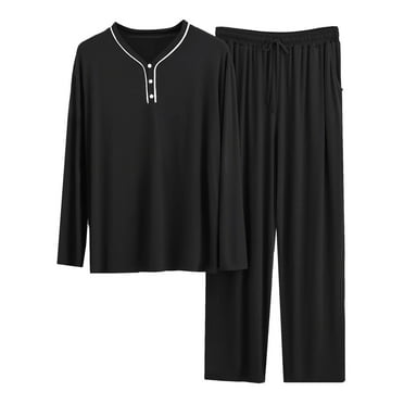 AOMPMSDX Mens Pajama Sets Male Wear Button Two Piece Set Long Sleeve Top Long Pants Solid Color Set Black Lounge Sets For Men XL
