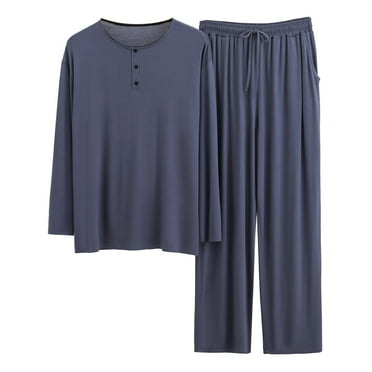 AOMPMSDX Mens Pajama Sets Male Wear Button Two Piece Set Long Sleeve Top Long Pants Solid Color Set Dark Gray Lounge Sets For Men L
