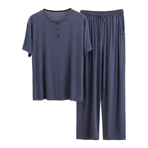 AOMPMSDX Mens Pajama Sets Male Wear Button Two Piece Set Short Sleeve Top Long Pants Solid Color Set Dark Gray Lounge Sets For Men XXXL