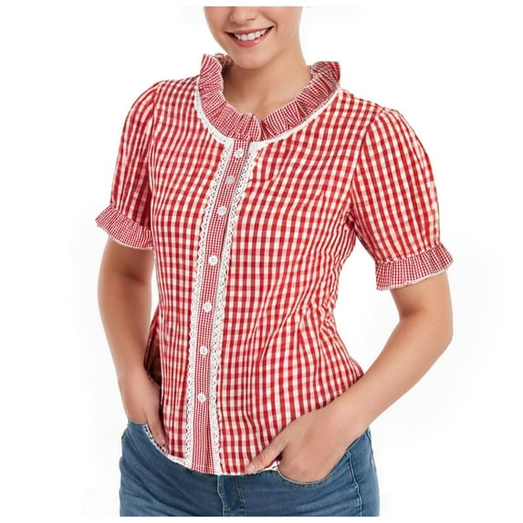 AOMPMSDX Oktoberfest Women's Blouse Folk Festival Theme Party Checked Button Down Top