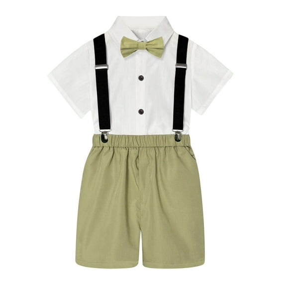 AOMPMSDX Outfits Set For Boys Kids Boys Summer British Style Short Sleeved Shirt Suspenders Shorts Bow Tie 4Pc Children Performance Suit Light Green 1 -2