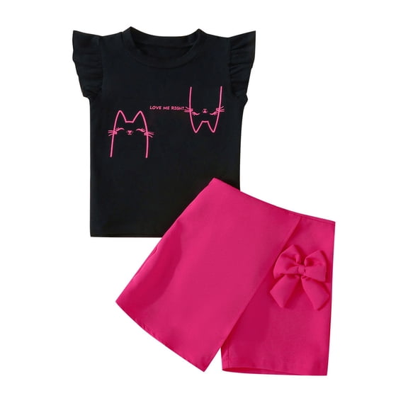 AOMPMSDX Outfits Set For Girls Toddler Girl Short Sleeve Top Cartoon Printed Bow Shorts Suit Children's Clothing For 1 To 6 Years Hot Pink 4 Years-5 Years