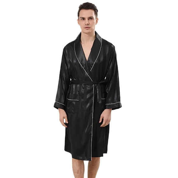 AOMPMSDX Pajamas For Men Set Male Robe Satin Bathrobe With Shorts Set Wide Striped Jacquard Silky Kimono Robe Black Nightgowns For Men XXXL