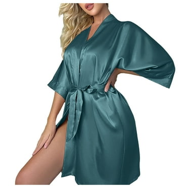 AOMPMSDX Pajamas For Women Set Silk Nightgown Casual Thin Homewear Simple Loose Cardigan Lace Up Bathrobes Green Lounge Sets For Women L