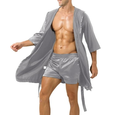 AOMPMSDX Pajamas For Men Set Bathrobe Solid Color Thin Short Sleeve Simple Loose Bathrobe Plus Size Casual Sleepwear Set Cozy Nightwear Set Grey Nightgowns For Men M