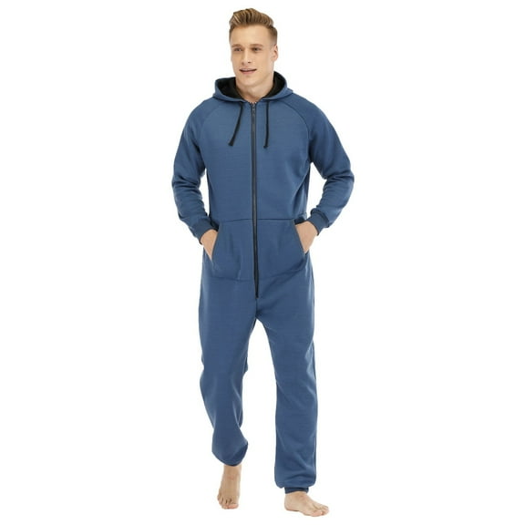 AOMPMSDX Pajamas For Men Set Long Sleeve Printed Jumpsuit Zipper Hood Pyjamas Nightwear With Pockets Casual Sleepwear Set Cozy Nightwear Set Blue Nightgowns For Men S