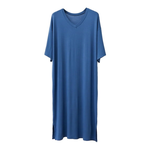 AOMPMSDX Pajamas For Men Set Male Solid Color Short Sleeve Round Neck Nightdress Robe Homewear Casual Sleepwear Set Cozy Nightwear Set Blue Nightgowns For Men L