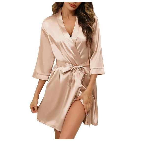 AOMPMSDX Pajamas For Women Set Bride Bridesmaids Robe Short Satin Kimono Robes For Wedding & Bridal Party Silk Bathrobes For Beige Lounge Sets For Women M