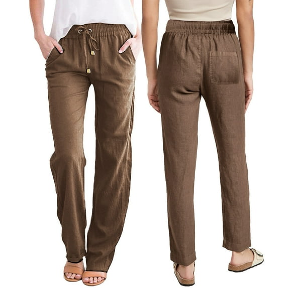 AOMPMSDX Pants For Women Ladies Casual Pants Solid Cotton And Pants With Pocket Long Pants Brown Daily Trousers L