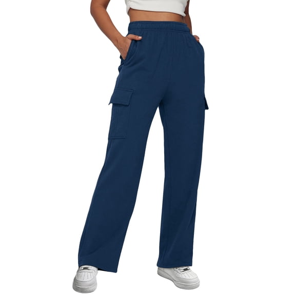 AOMPMSDX Pants For Women Womens Daily Home Outdoor Elastic Waist Side Pockets Trousers Casual Workout Trousers Cargo Pants Navy Daily Trousers M