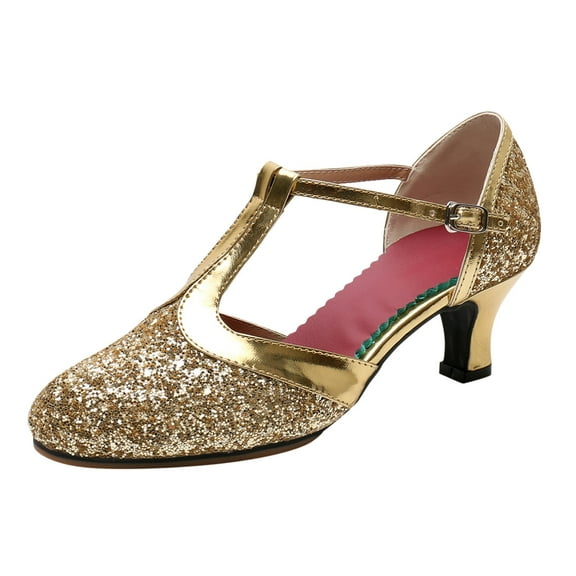 AOMPMSDX Sandals Women Comfortable Sandals For Latin Dance Shoes Heeled Ballroom Salsa Tango Party Sequin Dance Shoes Gold Spring Summer Shoes 37