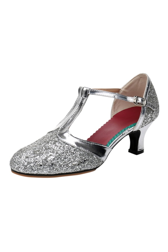 Sandals Women Comfortable Sandals For Latin Dance Shoes Heeled Ballroom Salsa Tango Party Sequin Dance Shoes Silver Bathroom Sandals 37