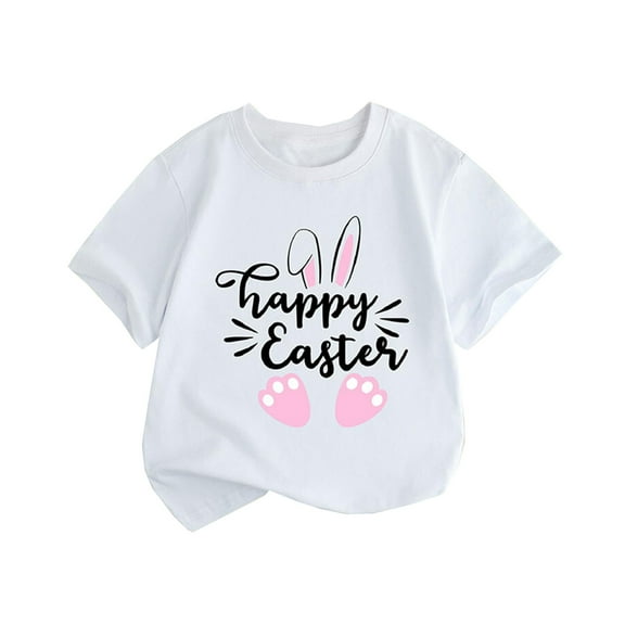 AOMPMSDX Summer New Children's Clothing Style Girls Short Sleeve T Shirt Easter Bunny Printed Round Neck Children T Shirt Festive Gifts White 8 Years-9 Years