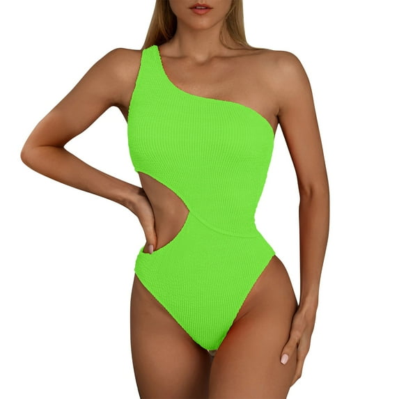 AOMPMSDX Summer Womens Swimsuits Solid Color Ruffle Sexy One Shoulder Waist Cutout Bikini Summer Holiday Beach Wear Green M
