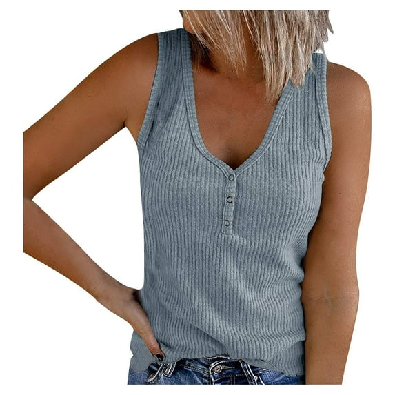 AOMPMSDX Tank Tops For Women V-Neck Undershirt Button-Down Undershirt Shirt T-Shirt Blue Sleeveless Basic Camisole Top L