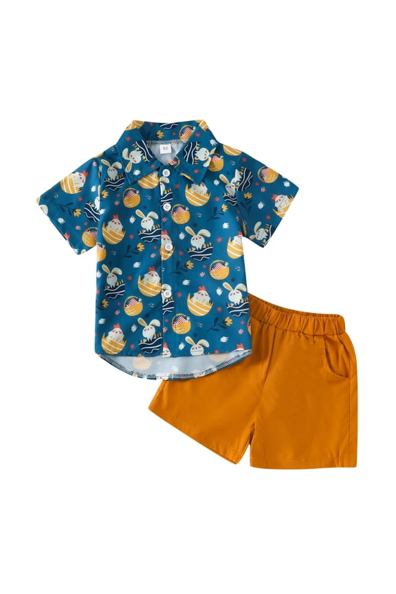 Toddler Boys Short Sleeve Easter Cartoon Rabbit Prints T Shirt Tops Shorts Child Kids Gentleman Outfits Easter Gift Clothes Palywear Navy 2 Years-3 Years