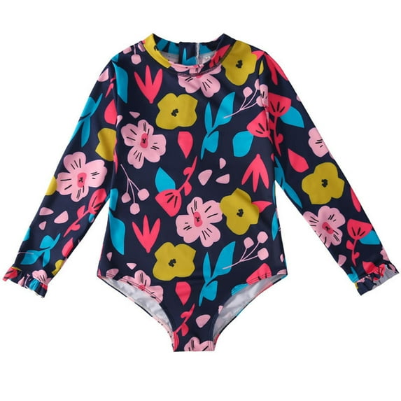 AOMPMSDX Toddler Girls Long Sleeve Floral Printing Beach Bathing Baby Suit Girls Swimwear Swimsuit Navy 6 Years-7 Years