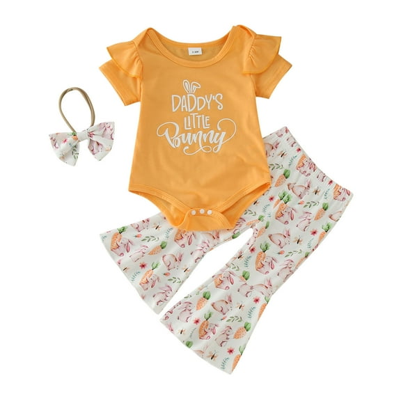 AOMPMSDX Toddler Girls Summer Easter Short Sleeve Letter Prints Romper Bodysuit Pants Headbands 3PCS Outfits Clothes Set Orange 12 Months-18 Months