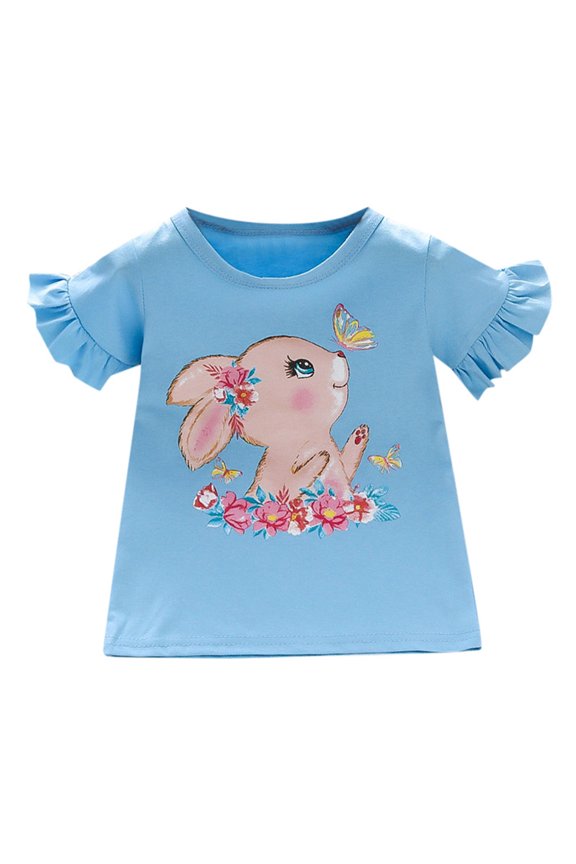 Toddler Girls T Shirts Ruffle Short Sleeve Shirt Cotton Cute Bunny Rabbit Graphic Tops 2 To 7 Years Blue 2 Years-3 Years