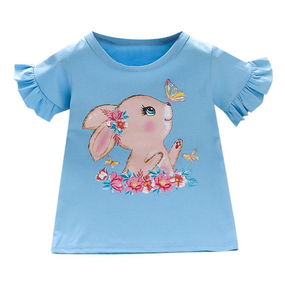 AOMPMSDX Toddler Girls T Shirts Ruffle Short Sleeve Shirt Cotton Cute Bunny Rabbit Graphic Tops 2 To 7 Years Blue 3 Years-4 Years