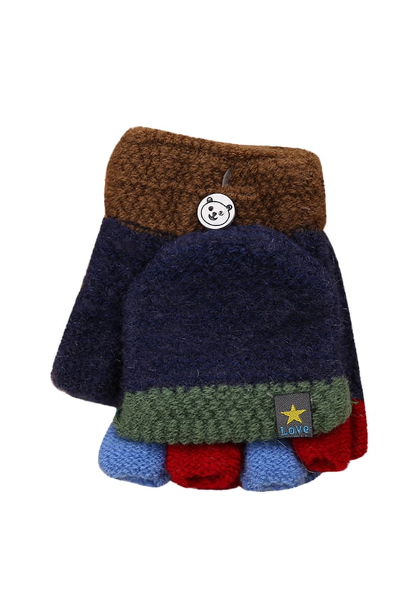 Toddler Soft Convertible Flip Top Color Block Gloves Kids Baby Boys Girls Winter Warm Knit Fingerless Mitten Navy One Size