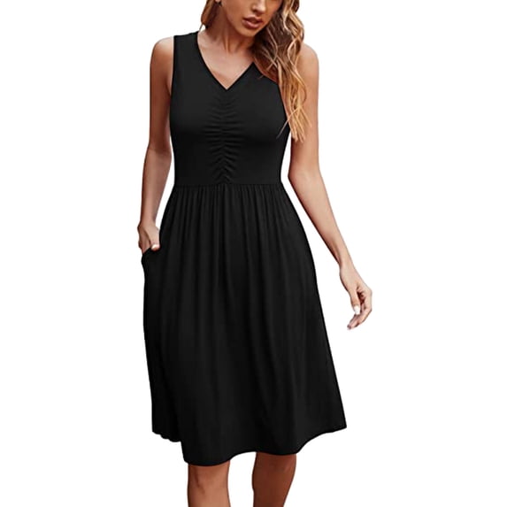 AOMPMSDX Women Casual Summer Solid Sleeveless Dress With Pockets V Neck Tank For Beach Dresses Black XXL