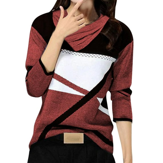 AOMPMSDX Women Fashion Casual O Neck Geometric Color Block Print Shrunk V Neck Long Sleeve Long Sleeve T Shirt Red XXXL