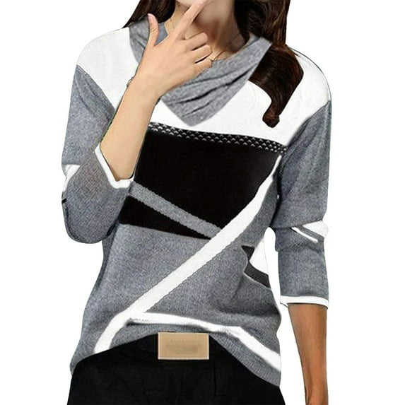 AOMPMSDX Women Fashion Casual O Neck Geometric Color Block Print Shrunk V Neck Long Sleeve Long Sleeve T Shirt White XXL