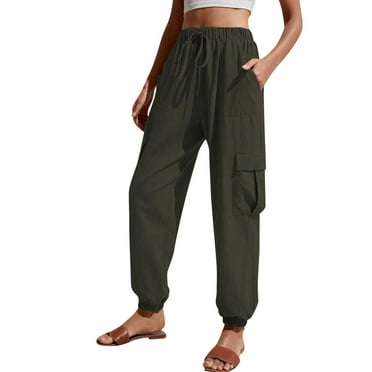 AOMPMSDX Women Fashion Casual Solid Color High Waist Casual Pants Pocket Side Drawstring Hem Cargo Pants AG S