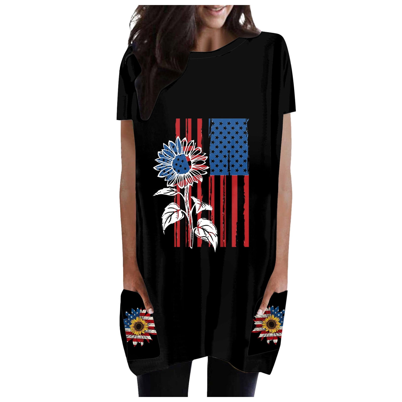 AOMPMSDX Women Fashionable Round Neck Pocket Independence Day