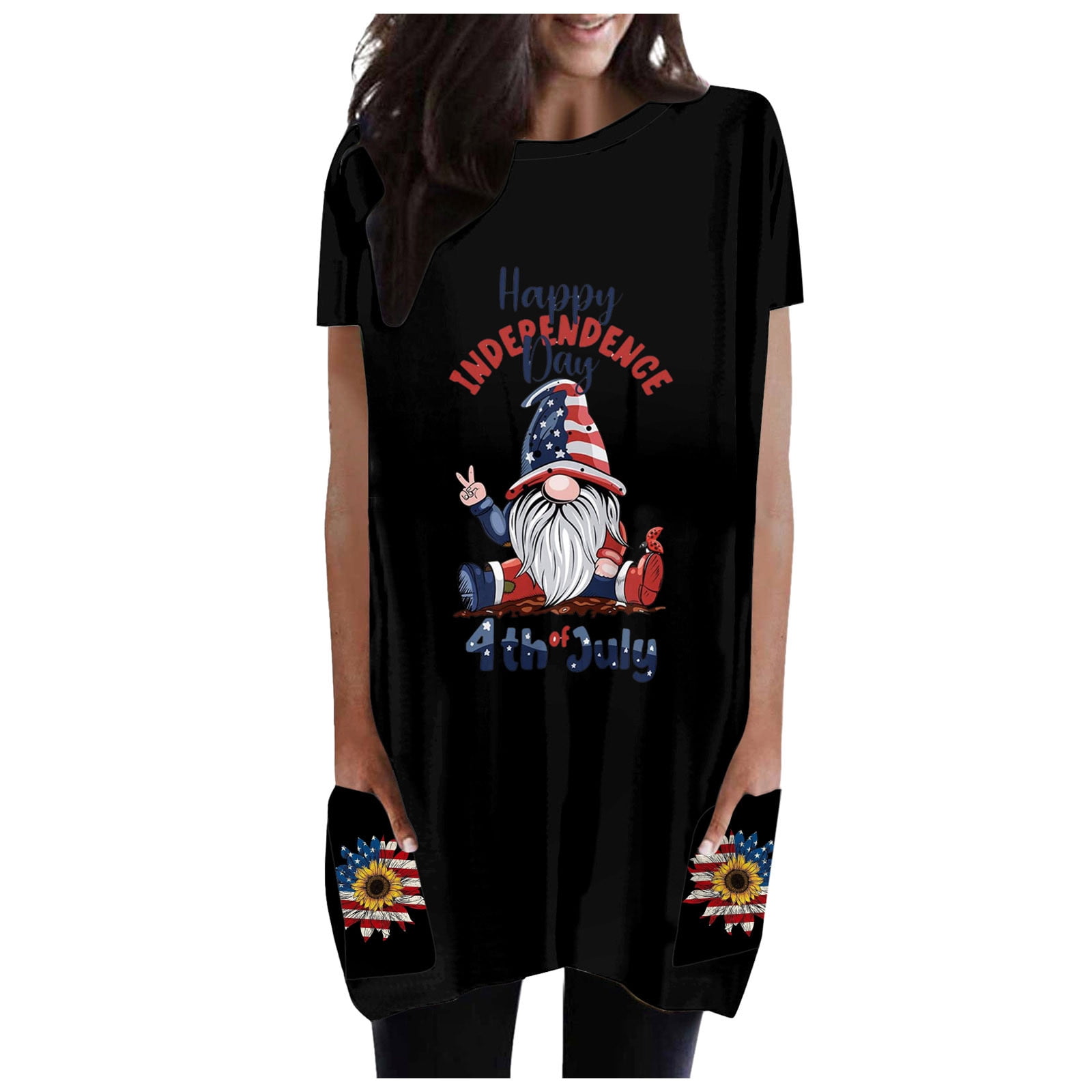 AOMPMSDX Women Fashionable Round Neck Pocket Independence Day