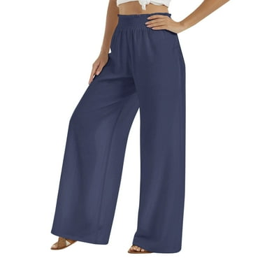 AOMPMSDX Women Pants Trendy Solid Pants Plus Size Drawstring Pants Pocket Elastic Waist Pants Loose Wide Leg Pants Navy XXL