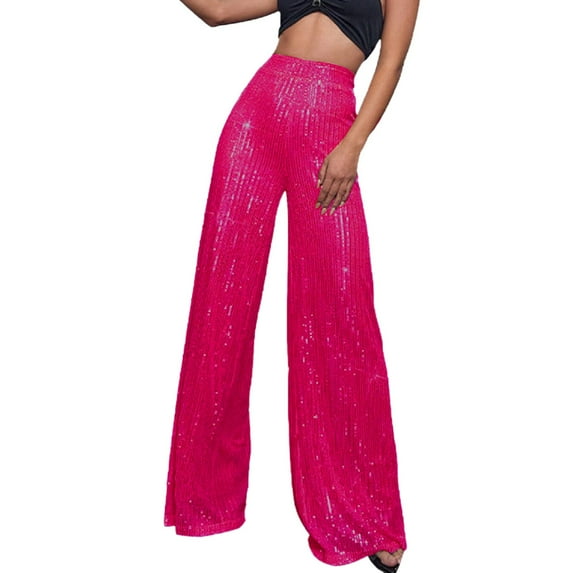 AOMPMSDX Women'S Fashion Casual Sequined Pants Sparkling Sequins High Waisted Wide Leg Flared Pants Flared Pants Nightclub Wear Hot Pink L